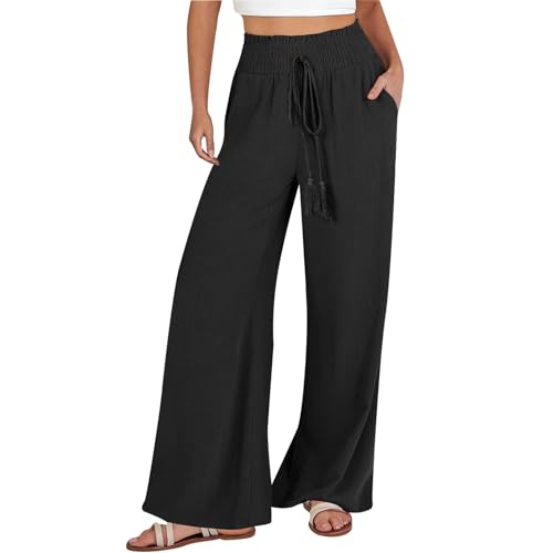 Weite Hose Damen Sommer Palazzo Hose Leichte Sommerhose Casual Locker Leinenhose Freizeithose Weite Leg Hose High Waist Stoffhose Elegant Culottes Hosen mit Tunnelzug und Taschen Schlupfhose von BIBOKAOKE