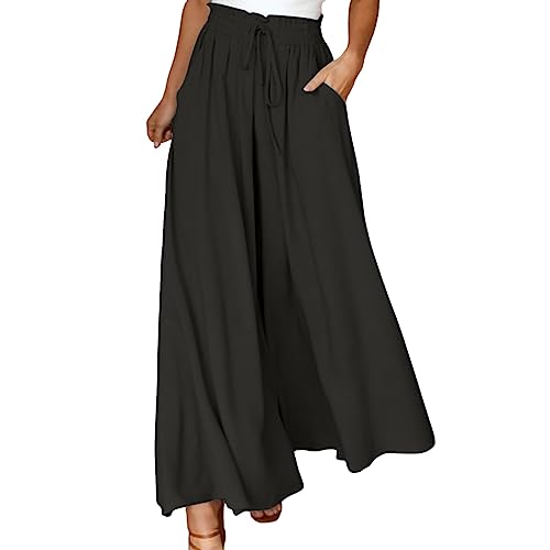 Weite Hose Damen Sommer Palazzo Hose Leichte Sommerhose Casual Locker Leinenhose Freizeithose Weite Leg Hose High Waist Stoffhose Elegant Culottes Hosen mit Tunnelzug und Taschen Schlupfhose von BIBOKAOKE