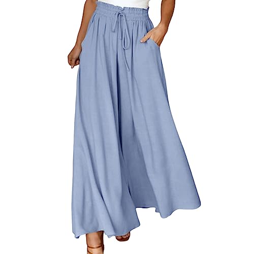 Weite Hose Damen Sommer Palazzo Hose Leichte Sommerhose Casual Locker Leinenhose Freizeithose Weite Leg Hose High Waist Stoffhose Elegant Culottes Hosen mit Tunnelzug und Taschen Schlupfhose von BIBOKAOKE