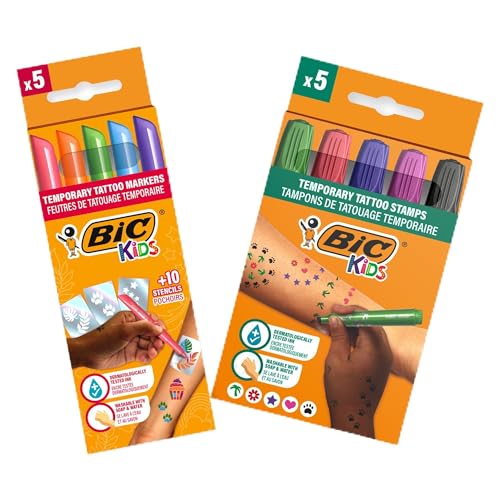 BIC Kids temporäre Tattoos Set: 5 Stifte und 5 Stempel in verschiedenen Farben, geruchsarme Tattoo Stifte für die Haut mit 10 Schablonen von BIC