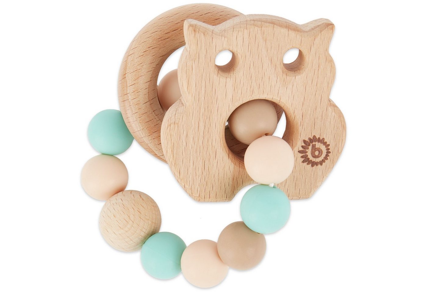 BIECO Beißring Bieco Beißring Baby mit Silikon Perlen Mint, 9 cm ab 0 Monate Zahnungshilfe Baby Baby Greifling mit Holz Eule Beissring Für Baby Zum Zahnen Motorikspielzeug Baby Beißring Silikon Baby von BIECO