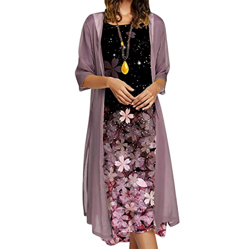 BIEDONGDA Chiffon Kleid Sommerkleider Damen 2 Teilig Abendkleider Elegant Blumenkleid mit Tüll Cardigan, Midikleid Blumendruck Brautjungfernkleider Cocktailkleid Für Hochzeit von BIEDONGDA