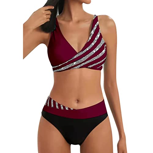 BIEDONGDA Damen Bikini Set Push Up Zweiteiliger Badeanzug Swimsuit Elegante Sport Bikiniset Damen Glänzend Badebekleidung Tanga Streifen Weicher Bequemer Bikini Bademode von BIEDONGDA