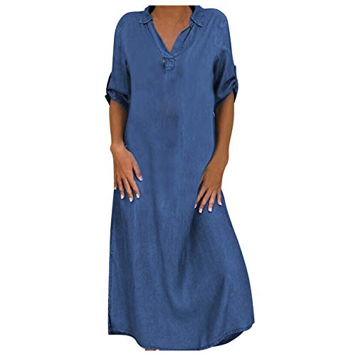 BIEDONGDA Damen Jeanskleid Sommer Langes Kleid Casual V-Ausschnitt Sommerkleid Langarm Großer Größe Maxikleid Shirtkleid Elegant Vintage Frauenkleid Strandkleid von BIEDONGDA