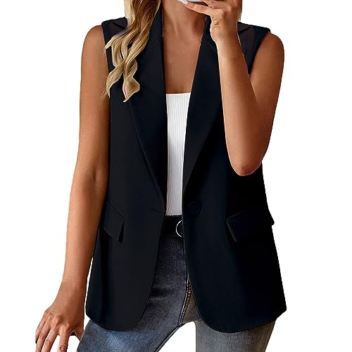 BIEDONGDA Damen Weste Ärmellos Blazer Jacke Elegant Kurze Gilet Tank Top mit Tasche Freizeit Anzugweste Moderne Weste Blazers Weste Mantel Ärmellose Jacke Fit Slim Business Westen von BIEDONGDA