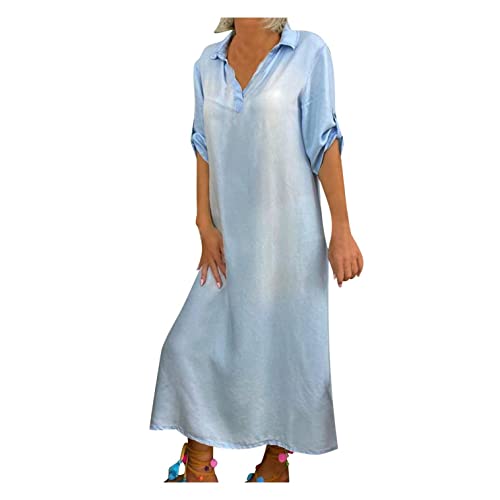 BIEDONGDA Großer Größe Kleid Damen Langes Jeanskleid Langarm Strandkleid Vintage Casual Sommerkleid Elegant Shirtkleid Sommer Maxikleid V-Ausschnitt Frauenkleid von BIEDONGDA