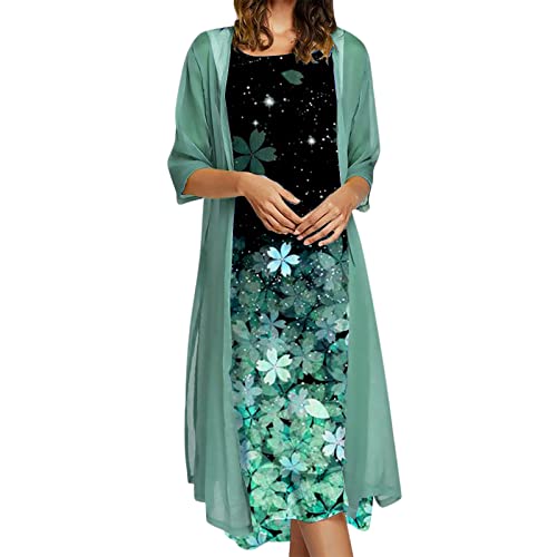 BIEDONGDA Sommerkleid Damen Ärmelloses Rundhals Kleid Blumen Cocktailkleid Damen Kleider Elegant Abendkleider für Hochzeit Langarm Chiffon Cardigan Zweiteiliges Kleid von BIEDONGDA