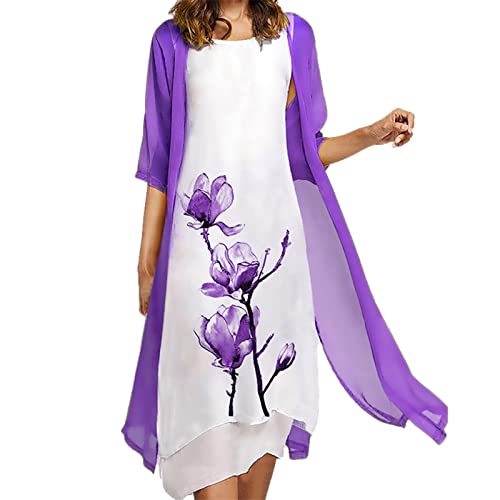 Damen Kleid Elegant Chiffonkleid Ärmelloses Sommerkleid Drucken Blumenmuster Midi Frauenkleid Cocktailkleid Festliche Brautjungfernkleider Für Hochzeit Abendkleider Damenkleider mit Tüll Cardigan von BIEDONGDA