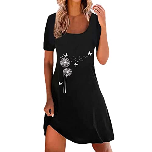 Damen Sommer Tunika Kleid Freizeit Rundhals Blusekleid Kurzarm Sommerkleid Löwenzahndruck Freizeitkleid Elegant Minikleid Rundhals A-Linie Sommerkleider für Mädchen,Frauen von BIEDONGDA