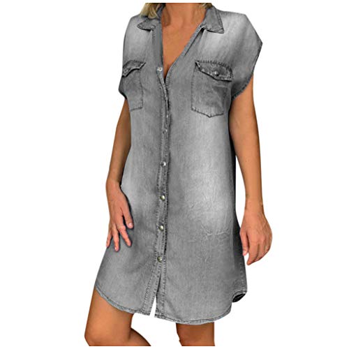 Damen Sommerkleid Kurzarm Hemdkleid Jeanskleid Sexy V-Ausschnitt Kurz Kleid mit Knopfleiste, Sommer Loose Shirtkleid Knielang Sommerkleider Freizeitkleid Frauenkleid von BIEDONGDA