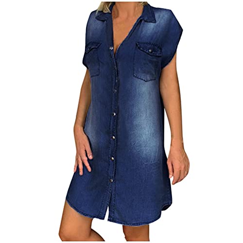 Damen Sommerkleid Kurzarm Hemdkleid Jeanskleid Sexy V-Ausschnitt Kurz Kleid mit Knopfleiste, Sommer Loose Shirtkleid Knielang Sommerkleider Freizeitkleid Frauenkleid von BIEDONGDA