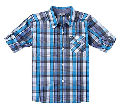 BIENZOE Jungen Baumwolle Plaid Aufrollen Hemd Blau/Marine Größe 11/12 von BIENZOE