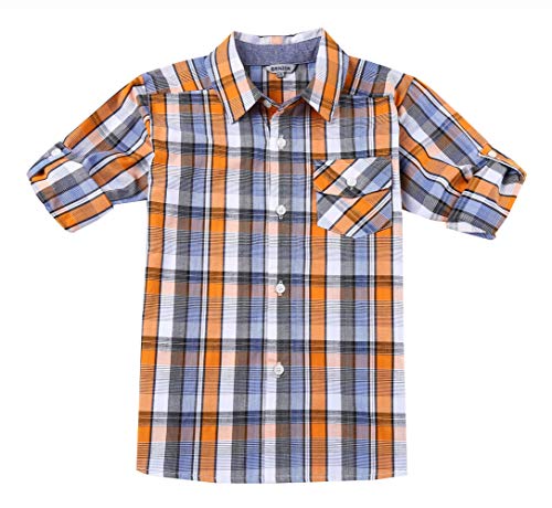 BIENZOE Jungen Baumwolle Plaid Aufrollen Hemd Orange/Marine Größe 9/10 von BIENZOE