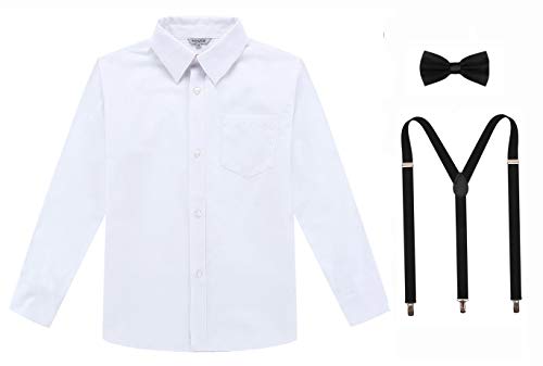 BIENZOE Jungen Schuluniform Lange Oxford Hemd Hosenträger Satz Weiß 12 von BIENZOE