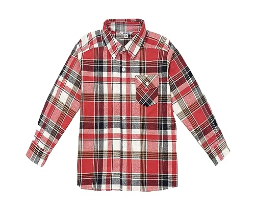 BIENZOE Jungen Warmer Flanell-Knopf Unten Langarmshirts Hemd Dunkelblau/Rot 11/12 von BIENZOE