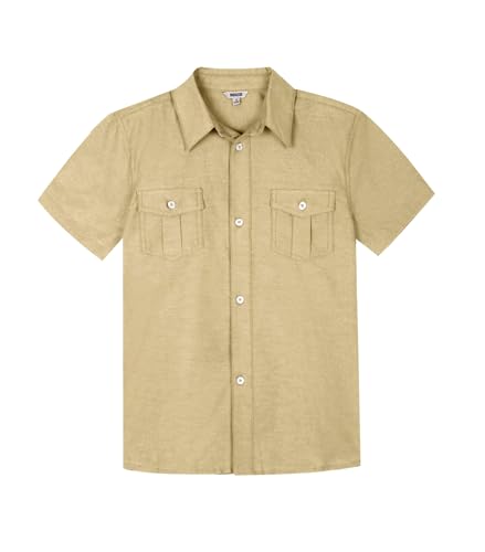 BIENZOE Mode Schulhemd für Jungen: Kinder Kurzarm Hemd mit Knopfleiste Freizeit Design Beige 16 von BIENZOE