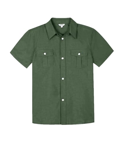 BIENZOE Mode Schulhemd für Jungen: Kinder Kurzarm Hemd mit Knopfleiste Freizeit Design Dunkel-Oliv 10 von BIENZOE
