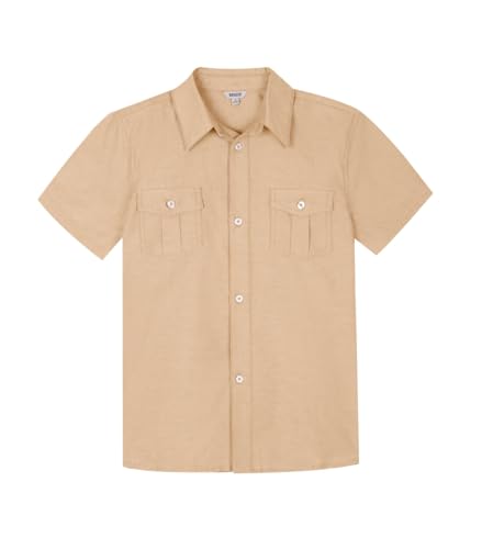 BIENZOE Mode Schulhemd für Jungen: Kinder Kurzarm Hemd mit Knopfleiste Freizeit Design Khaki Größe 7 von BIENZOE