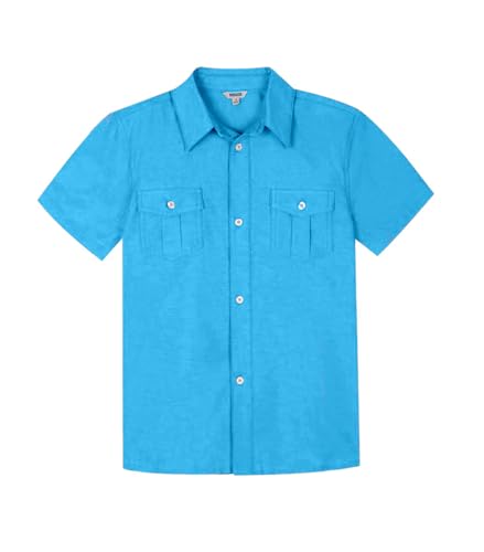 BIENZOE Mode Schulhemd für Jungen: Kinder Kurzarm Hemd mit Knopfleiste Freizeit Design Ozeanblau 7 von BIENZOE