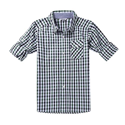 Bienzoe Button-Down-Jungenhemd: Baumwolle aufrollbare Ärmel Tops – Kinder im Alter von 4–13 Jahren – Komfort für Schule, Reisen, Familie, Spielen im Freien, grün/schwarz, 7-8 Jahre von BIENZOE