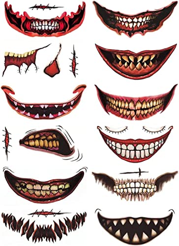 12 STÜCKE Halloween Clown Horror Mund Tattoo Aufkleber Halloween Streich Make-up Temporäre Tätowierung wasserdichte Gesichtsaufkleber Streich Requisiten für Halloween Cosplay Party von BIERDAN