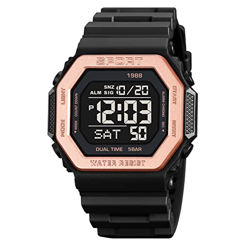 BIEWO Herren Große quadratische Digitaluhr, Display Sportuhren, wasserdichte Armbanduhr Multifunktions-Stoppuhr Countdown Alarm Armbanduhren, Rose Gold von BIEWO