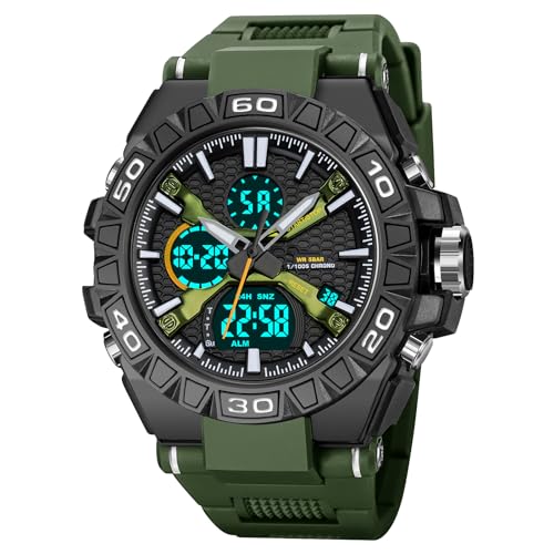 BIEWO Herren Militär Analog Sportuhr Outdoor Digital Uhr LED Stoppuhr Elektronische Uhren Große Dual Display Wasserdicht Taktische Armee Uhren für Männer, Armeegrün, Armband von BIEWO