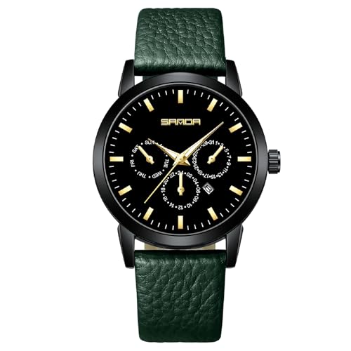 BIEWO Herrenuhr Quarz Analog Uhren Armbanduhr Geschenk für Männer Mode Lederband Casual Armbanduhr Chronograph Analog Uhr, Leder Grün von BIEWO