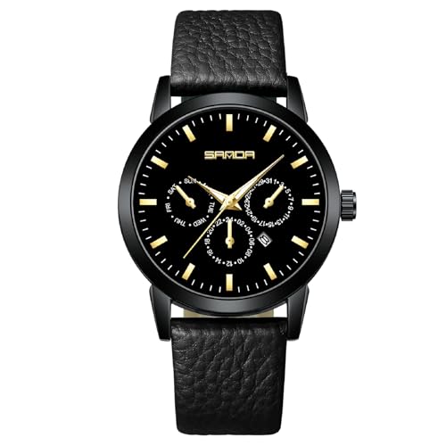 BIEWO Herrenuhr Quarz Analog Uhren Armbanduhr Geschenk für Männer Mode Lederband Casual Armbanduhr Chronograph Analog Uhr, leder schwarz von BIEWO