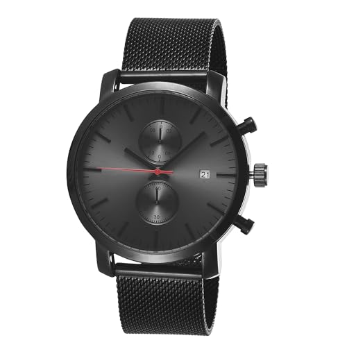 BIEWO Herrenuhren Mode Sport Quarz Analog Uhr Mesh Edelstahl Wasserdicht Chronograph Armbanduhr für Männer, Schwarz , Armband von BIEWO
