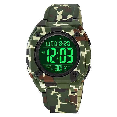 BIEWO Quadratische Herren-Digitaluhr Sport Militär Uhren Große Zahlen Zifferblatt Großes Gesicht Wasserdicht LED Armbanduhren mit Alarm Datum Stoppuhr, Armee Camouflage, Gurt von BIEWO