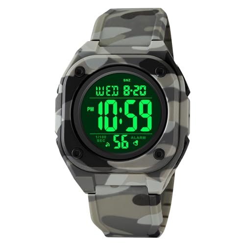 BIEWO Quadratische Herren-Digitaluhr Sport Militär Uhren Große Zahlen Zifferblatt Großes Gesicht Wasserdicht LED Armbanduhren mit Alarm Datum Stoppuhr, Gery Camouflage von BIEWO