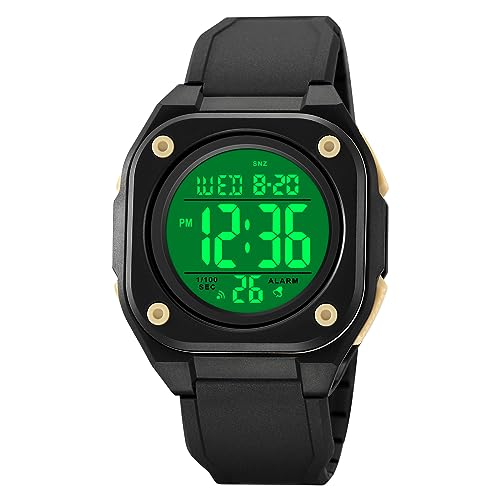 BIEWO Quadratische Herren-Digitaluhr Sport Militär Uhren Große Zahlen Zifferblatt Großes Gesicht Wasserdicht LED Armbanduhren mit Alarm Datum Stoppuhr, Schwarz/Aprikose von BIEWO