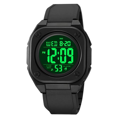 BIEWO Quadratische Herren-Digitaluhr Sport Militär Uhren Große Zahlen Zifferblatt Großes Gesicht Wasserdicht LED Armbanduhren mit Alarm Datum Stoppuhr, Schwarz-Schwarz von BIEWO