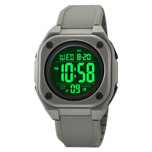 BIEWO Quadratische Herren-Digitaluhr Sport Militär Uhren Große Zahlen Zifferblatt Großes Gesicht Wasserdicht LED Armbanduhren mit Alarm Datum Stoppuhr, grau von BIEWO