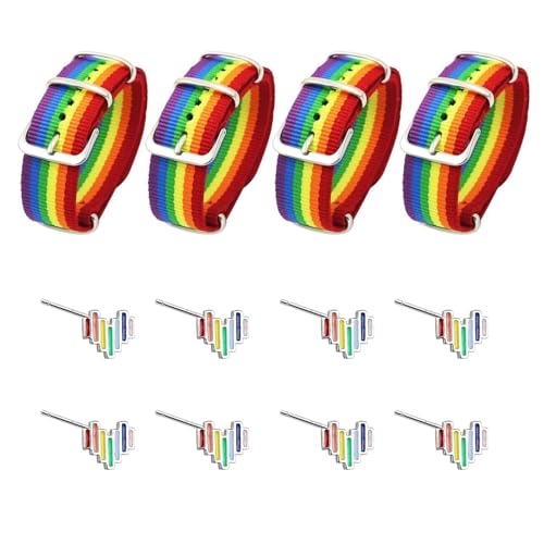 BIFHIG 4 Regenbogenarmbänder, 4 Paar Regenbogenohrringe, Schwule Textilarmbänder, Regenbogen-Pride-Ohrringe, LGBT-Accessoires. von BIFHIG