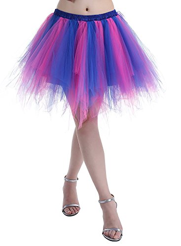 Karneval Erwachsene Damen 80's Tüllrock Tütü Röcke Tüll Petticoat Tutu Fuchsie/Rötlich-Blau von BIFINI