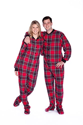 Rot & Schwarz karierter Baumwollflanell-Pyjama für Erwachsene mit Fuß., Rot/Schwarz Schottenkaro von BIG FEET PAJAMA CO.