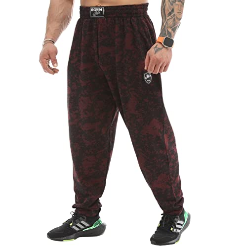 BIG SAM SPORTSWEAR COMPANY Herren Baggy Sweatpants mit Taschen, Oldschool Loose Fit Gym Pants, schwarz/rot, Groß von BIG SAM SPORTSWEAR COMPANY