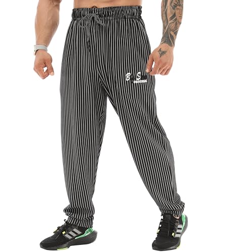 BIG SAM SPORTSWEAR COMPANY Herren Baggy Sweatpants mit Taschen, Oldschool Loose Fit Gym Pants, schwarz gestreift, 3XL von BIG SAM SPORTSWEAR COMPANY