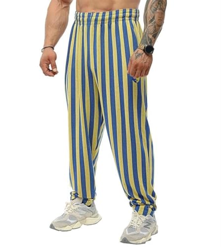 BIG SAM SPORTSWEAR COMPANY Herren-Sweathose mit Taschen, lockere Passform, gestreift, Oldschool-Trainingshose, gelb, Mittel von BIG SAM SPORTSWEAR COMPANY