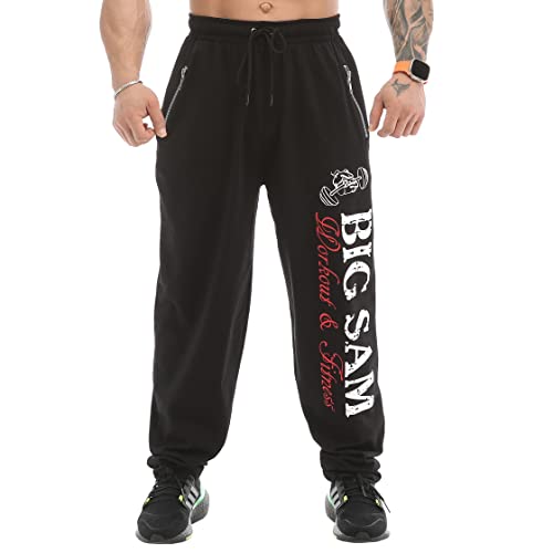 BIG SAM SPORTSWEAR COMPANY Herren Bodybuilding Workout Komfort Design Baggy Muscle Trainingshose, schwarz / rot, 3XL von BIG SAM SPORTSWEAR COMPANY