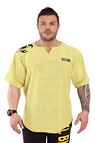 Herren Gym T-Shirt Active Wear Bodybuilding Lifting Oversize Rag Top | Handtuch Textur Baumwolle Training Top, gelb, Groß von BIG SAM SPORTSWEAR COMPANY