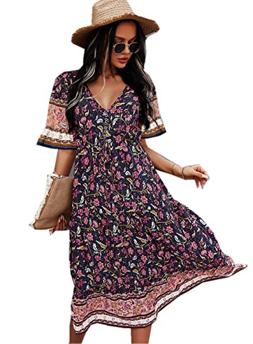 Jiraewh Damen Boho Sommerkleider Blumen Kurzarm Retro Knielang Strandkleider V Ausschnitt Elegant Maxikleid (3039-Marineblau, M) von Jiraewh