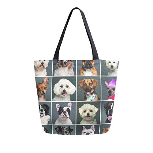 Bigjoke Canvas-Tasche mit süßem Hundekopf-Motiv, große Damen-Schultertasche, Handtasche, wiederverwendbare Einkaufstasche, tragbare Aufbewahrungstasche für draußen von BIGJOKE