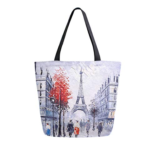 Bigjoke Canvas Tote Bag France Paris Eiffelturm Kunst Große Frauen Casual Schultertasche Handtasche Wiederverwendbar Shopping Lebensmittel Tragbare Aufbewahrungstasche für Outdoor von BIGJOKE