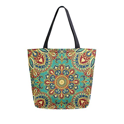 Bigjoke Canvas Tote Bag Indian Tribal Floral Mandala Large Women Casual Schultertasche Handtasche Wiederverwendbar Shopping Lebensmittel Portable Storage Bag für Outdoor von BIGJOKE