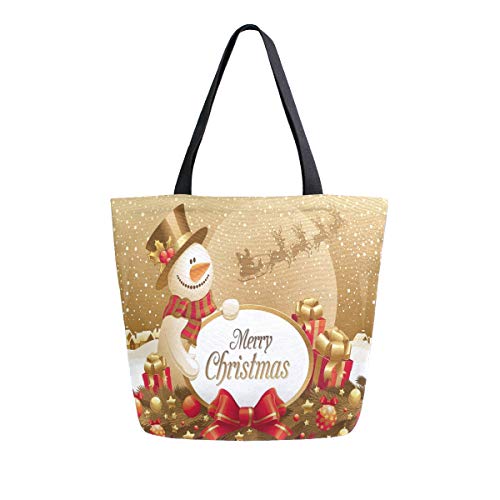 Bigjoke Canvas Tragetasche Weihnachten Schneemann Muster Große Frauen Casual Schultertasche Handtasche Wiederverwendbar Shopping Lebensmittel Tragbare Aufbewahrungstasche für Outdoor von BIGJOKE