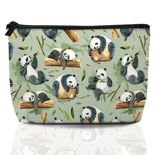 BIGXIUKA Make-up-Tasche mit süßem Panda-Motiv, tragbar, grüne Blätter, Reise-Kulturbeutel, Organizer, Make-up-Pinsel, ästhetisches Zubehör, wasserdichte Aufbewahrungstaschen, Schwarz / Weiß, von BIGXIUKA