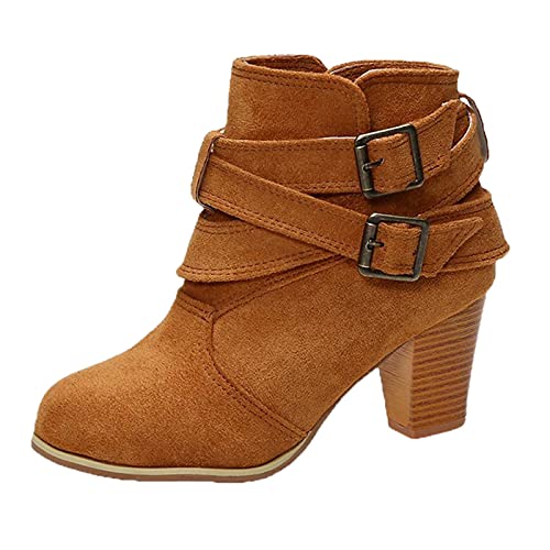 Arbeitsstiefel für Damen: High Heel Stiefeletten für Frauen Chunky Heel Chelsea Boots Frauen Einfarbig Leder Cowboystiefel für Frauen Weich Bequem Western Schnalle Wildleder Stiefeletten Damen, gelb, von BIISDOST